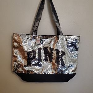 VS Pink silver and black sequin zipper tote bag
